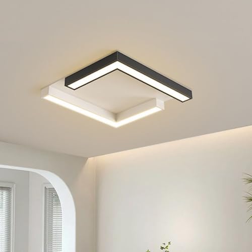 Modern LED Ceiling Light Fixture - Square Flush Mount Lighting for Kitchen, Bedroom, Bathroom, Hallway - Minimalist Black & White Design, Mid-Century Style Indoor Lamp