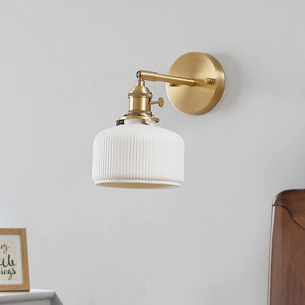 Adjustable Wall Mount Light White Ceramic Shade Brass Wall Sconce, Copper Wall Lighting Fixture Set of 2, Modern Wall Lamps Indoor Wall Wash Lights for Bedroom Bedside