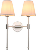PERMO Industrial Double Sconce Large 2-Lights Wall Sconce with Flared White Textile Lampshade and Brushed Nickel Finished Long Arm for Bathroom Bedroom, Hardwired Wall Sconces