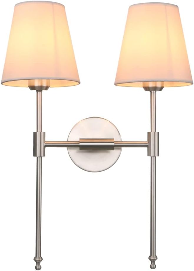 PERMO Industrial Double Sconce Large 2-Lights Wall Sconce with Flared White Textile Lampshade and Brushed Nickel Finished Long Arm for Bathroom Bedroom, Hardwired Wall Sconces