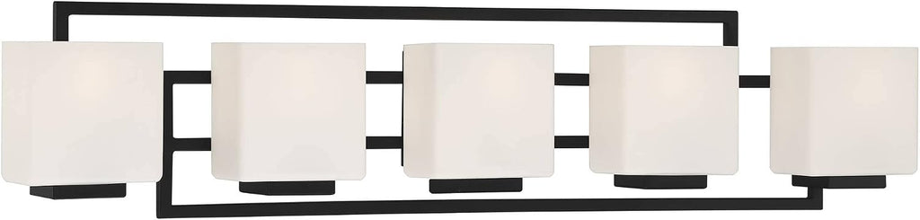 Possini Euro Design Lighting on the Square Modern Wall Mount Light Matte Black Aluminum Hardwired 37' 5-Light Fixture Opal Glass Shade for Bathroom Vanity Mirror House Living Room Home Hallway