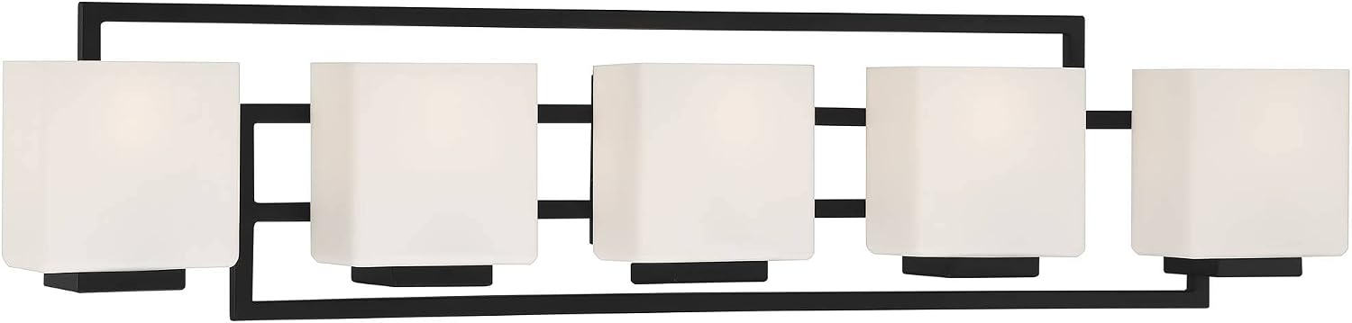 Possini Euro Design Lighting on the Square Modern Wall Mount Light Matte Black Aluminum Hardwired 37' 5-Light Fixture Opal Glass Shade for Bathroom Vanity Mirror House Living Room Home Hallway