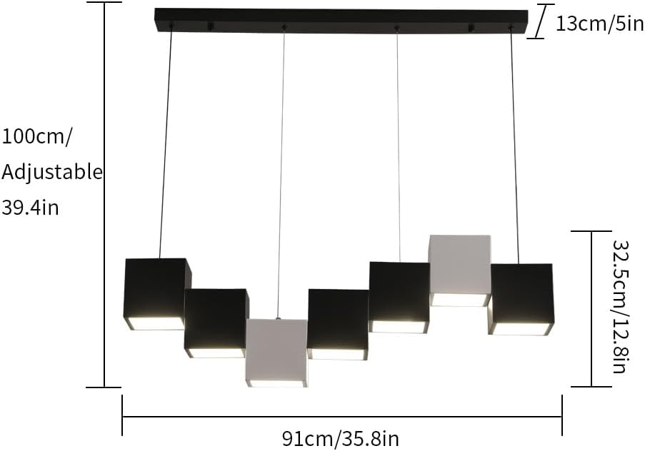 Morden Black and White Chandeliers for Dining Room Linear Chandelier Industrial Kitchen Island Lighting Square Ceiling Hanging Pendant Light for Living Room Bar CounterAbove Tea Room(7 Head)