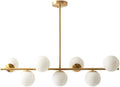 KCO Lighting Modern Brass Linear Chandelier Pendant Light 7-Lights Gold and White Glass Pendant Lighting Mid Century Globe Dining Light Fixture for Living Room Kitchen