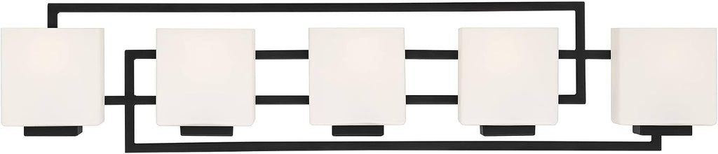 Possini Euro Design Lighting on the Square Modern Wall Mount Light Matte Black Aluminum Hardwired 37' 5-Light Fixture Opal Glass Shade for Bathroom Vanity Mirror House Living Room Home Hallway