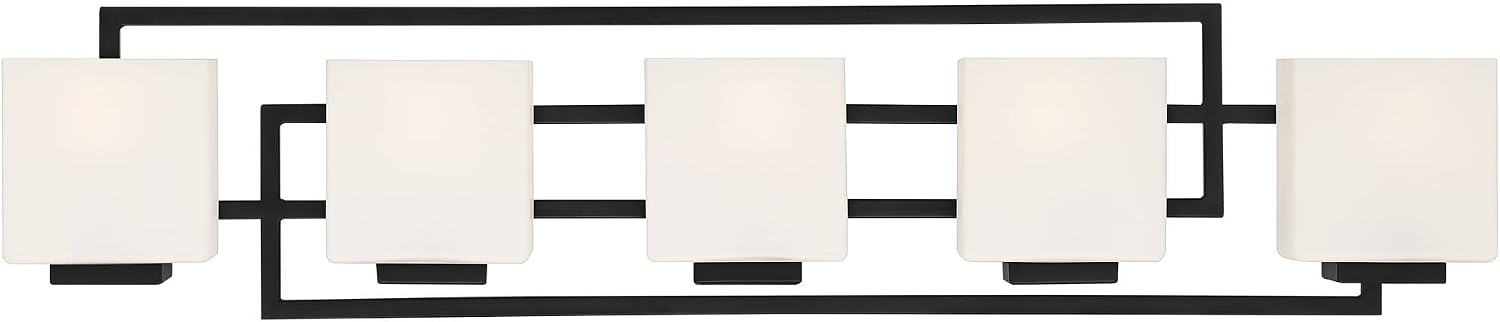 Possini Euro Design Lighting on the Square Modern Wall Mount Light Matte Black Aluminum Hardwired 37' 5-Light Fixture Opal Glass Shade for Bathroom Vanity Mirror House Living Room Home Hallway