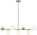 KCO Lighting 7-Light Linear Sputnik Chandelier Brushed Nickel Pendant Light | 31.5' Rod for Sloped Ceiling, 12W 3000K E26 Bulb Included, MCM White Milk Glass Light Fixture for Kitchen Island Dining Room