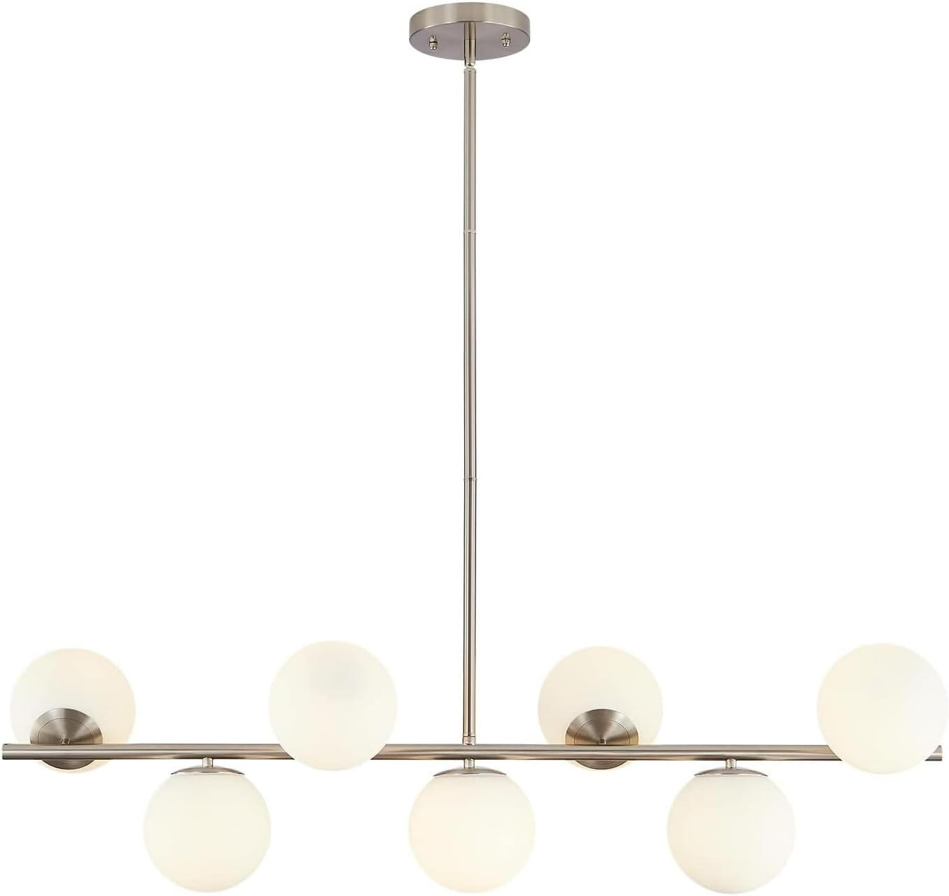 KCO Lighting 7-Light Linear Sputnik Chandelier Brushed Nickel Pendant Light | 31.5' Rod for Sloped Ceiling, 12W 3000K E26 Bulb Included, MCM White Milk Glass Light Fixture for Kitchen Island Dining Room