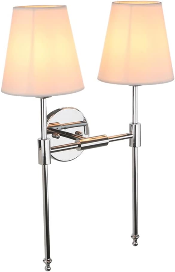 PERMO Classic Double Sconce Chrome 2 Lights Wall Sconce Rustic Wall Mount Lighting Fixture with Flared White Textile Lamp Shade