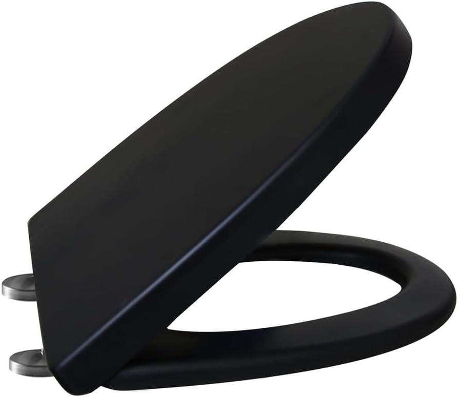 Wttfc Soft Close Toilet Seat,Black Toilet Seats with Adjustable Hinge,Toilet Lid Loo Cover for Family Bathroom with Assemble Fixtures,UF Material,Various Shapes,V Shaped