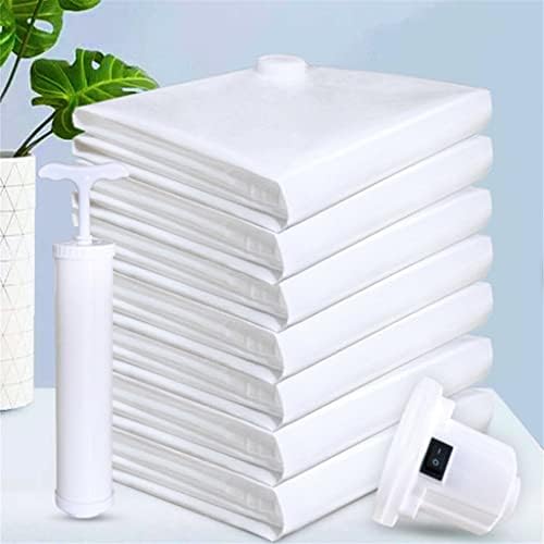 Thickened Vacuum Storage Bags with Valve - White Border, Foldable Travel Seal Bags, 50x70cm, 5 Pack, Includes Electric Air Pump for Space Saving and Organizing.