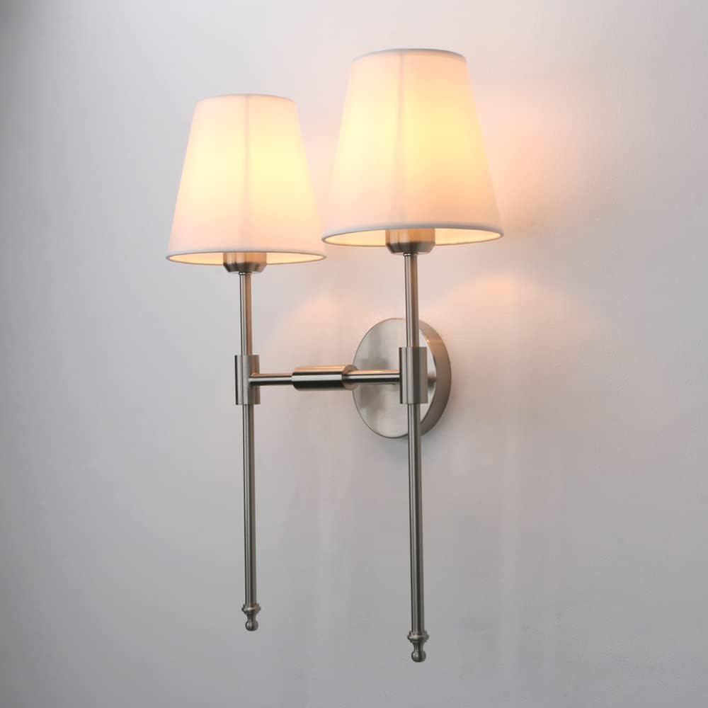 PERMO Industrial Double Sconce Large 2-Lights Wall Sconce with Flared White Textile Lampshade and Brushed Nickel Finished Long Arm for Bathroom Bedroom, Hardwired Wall Sconces