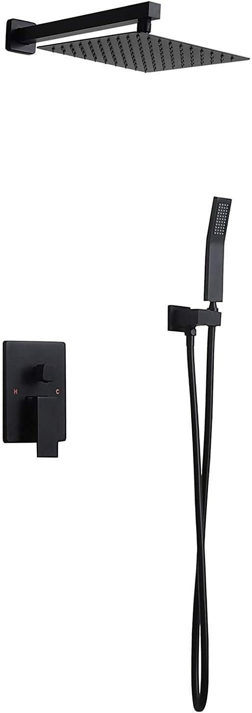 shower head -PE Shower System,Matte Black Wall Mounted Rain Shower Set 10' Square Shower Head Handheld Shower Modern Dual Function Shower Fixture for Bathroom, Solid Brass with Rough-in Valve Body