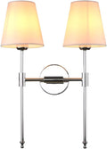 PERMO Classic Double Sconce Chrome 2 Lights Wall Sconce Rustic Wall Mount Lighting Fixture with Flared White Textile Lamp Shade