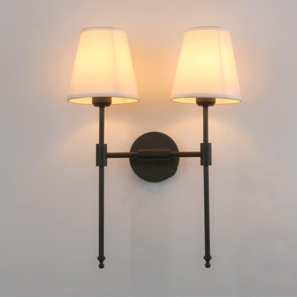 PERMO Classic Rustic Double Sconce 2-Lights Wall Sconce Lighting Fixture with Flared White Textile Lamp Shade and and Black Finished Long Arm,Wall Sconce Light Fixture for Bathroom Bedroom Bedside