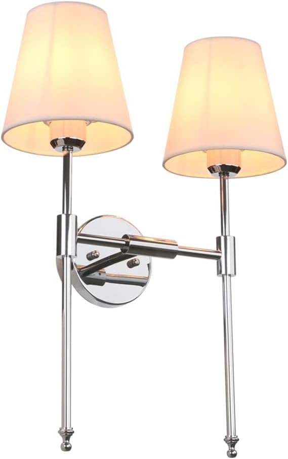 PERMO Classic Double Sconce Chrome 2 Lights Wall Sconce Rustic Wall Mount Lighting Fixture with Flared White Textile Lamp Shade