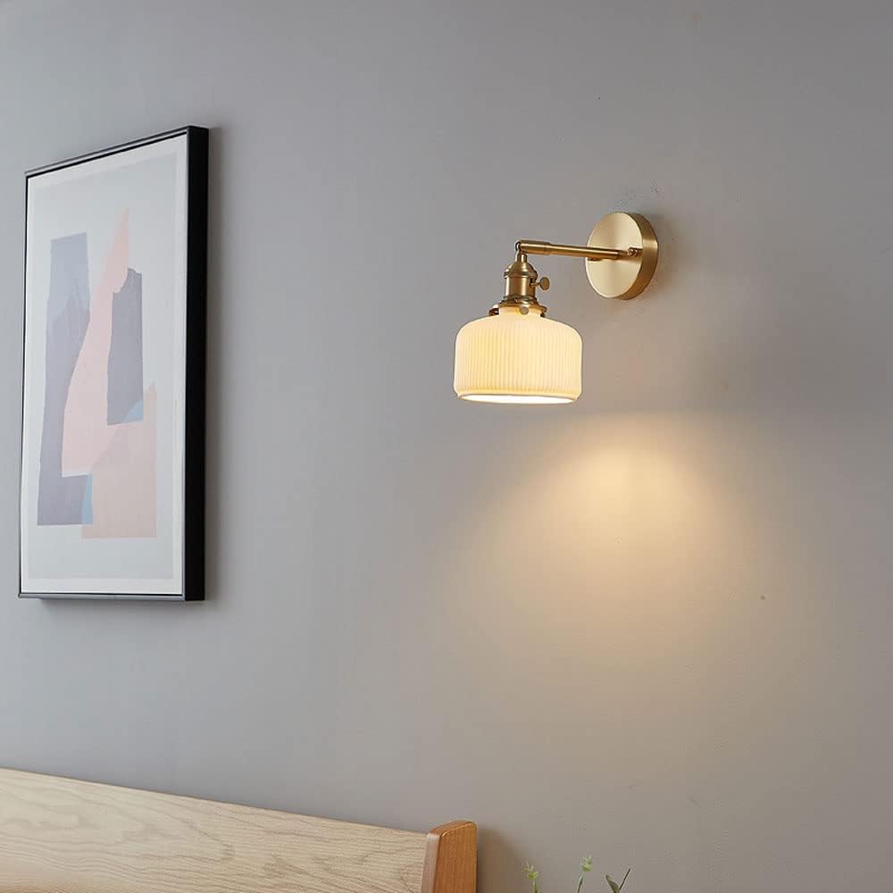 Adjustable Wall Mount Light White Ceramic Shade Brass Wall Sconce, Copper Wall Lighting Fixture Set of 2, Modern Wall Lamps Indoor Wall Wash Lights for Bedroom Bedside