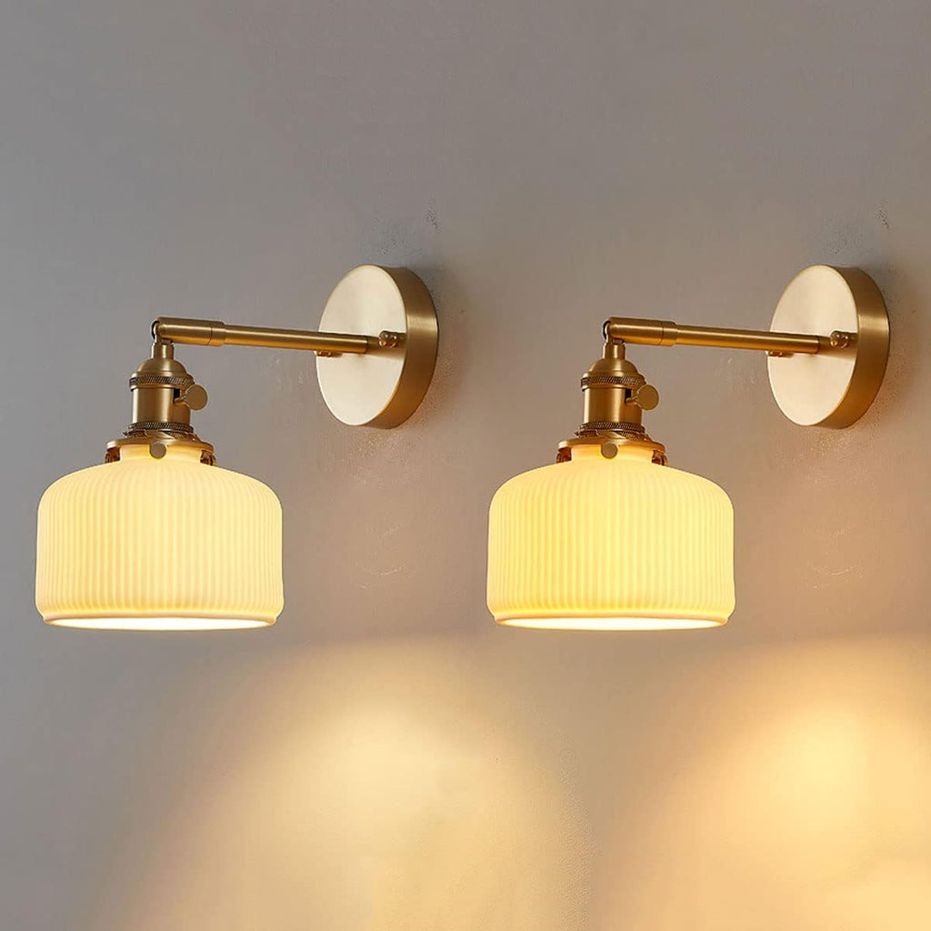 Adjustable Wall Mount Light White Ceramic Shade Brass Wall Sconce, Copper Wall Lighting Fixture Set of 2, Modern Wall Lamps Indoor Wall Wash Lights for Bedroom Bedside