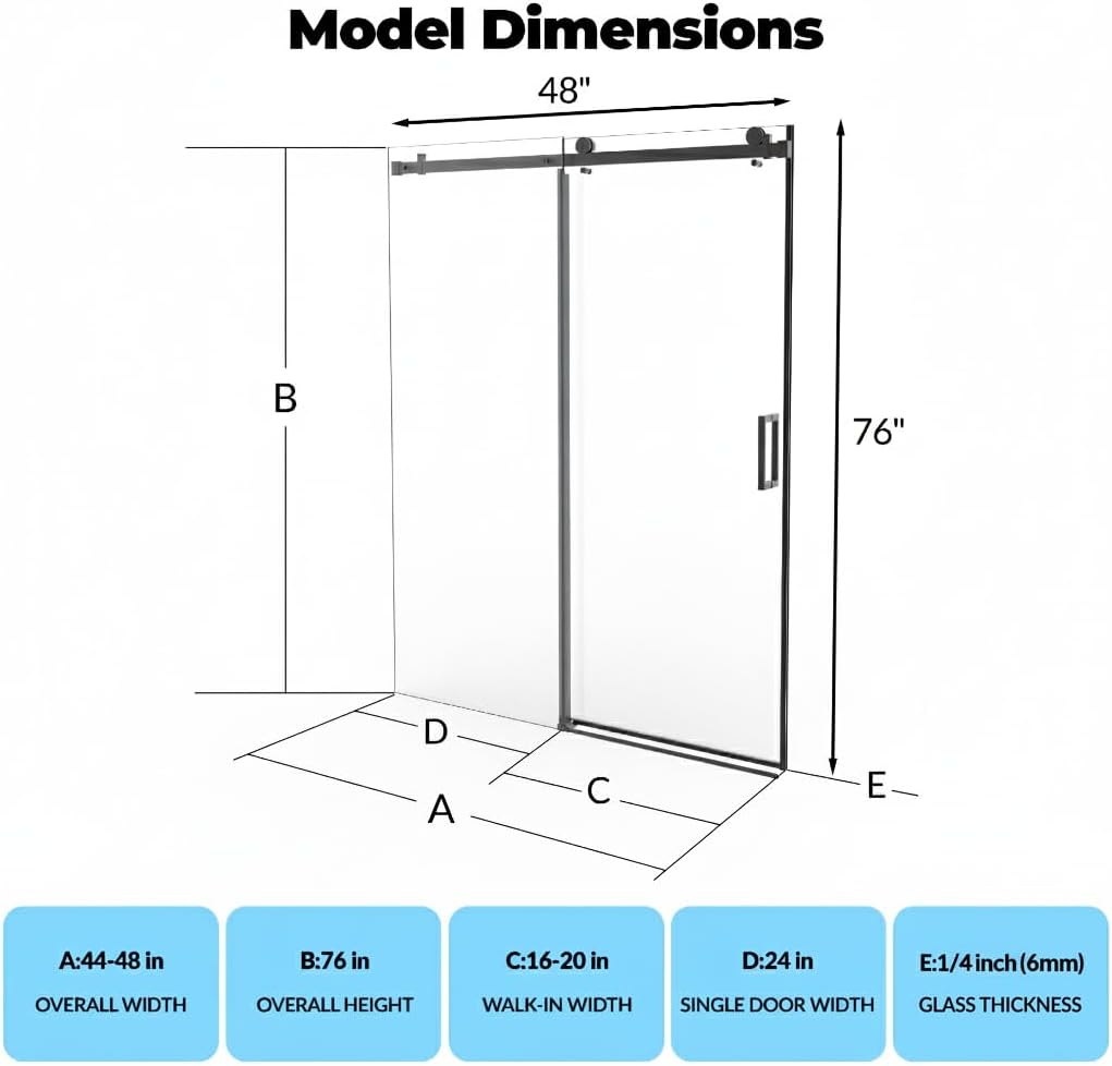 Frameless Sliding Glass Shower Door 44–48 Inch W x 76 Inch H, Shower Sliding Glass Door with Fixed Panel, 8mm Tempered Glass, Square Rail, Matte Black Shower Glass Door