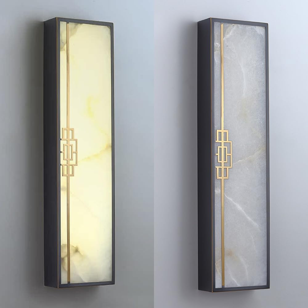 16.5' Alabaster Sconce Set of 2 Marble Stone Wall Sconce Lighting Black Brass Bathroom Light Fixture Square Alabaster Wall Sconce 3-Color Dimming Luxury Indoor Lighting for Living Room Bedroom
