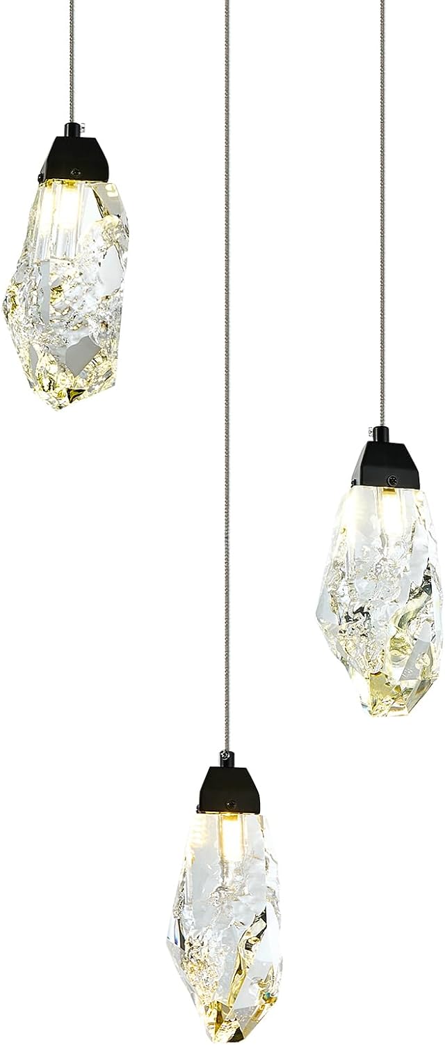 3 Lights Crystal Pendant Light Modern Cluster Chandelier Dimmable Pendant Light Fixture with Black Teardrop Design Stylish Lighting for Kitchen Island, Dining Room, Hallway, Bathroom