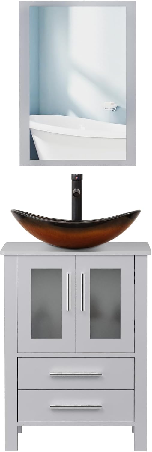 UEV 24' Grey Bathroom Vanity with Vessel Sink,Modern Bathroom Vanity Cabinet, Faucet Sink Bowl,Pop Up Drain Included,Modern Brown Boat Tempered Glass Vessel Sink,Mirror Not Included (029BR)