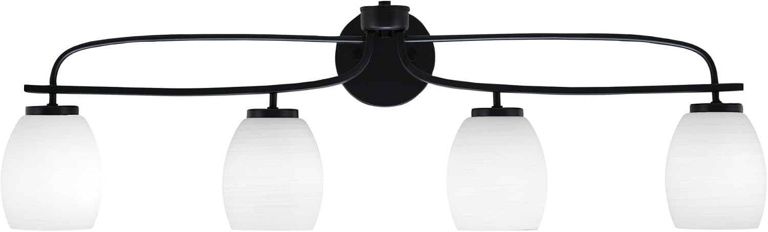 Toltec Lighting Cavella 4-Light Bath Bar – Modern Vanity Light Fixture for Bathroom – Dimmable and LED-Compatible Wall Light – Matte Black Finish, 5' White Linen Glass