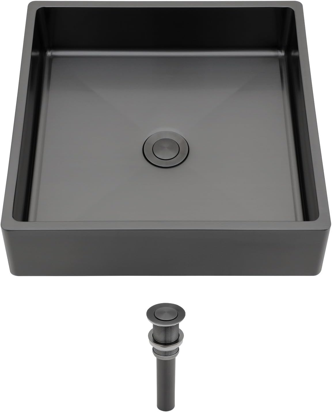 Logmey 15' Black Shallow Bathroom Vessel Sink 15x15 Square Handmade 16 Gauge Stainless Steel Above Counter 4 Inch Deep RV Bathroom Sink Sinks with Pop up Drain Set