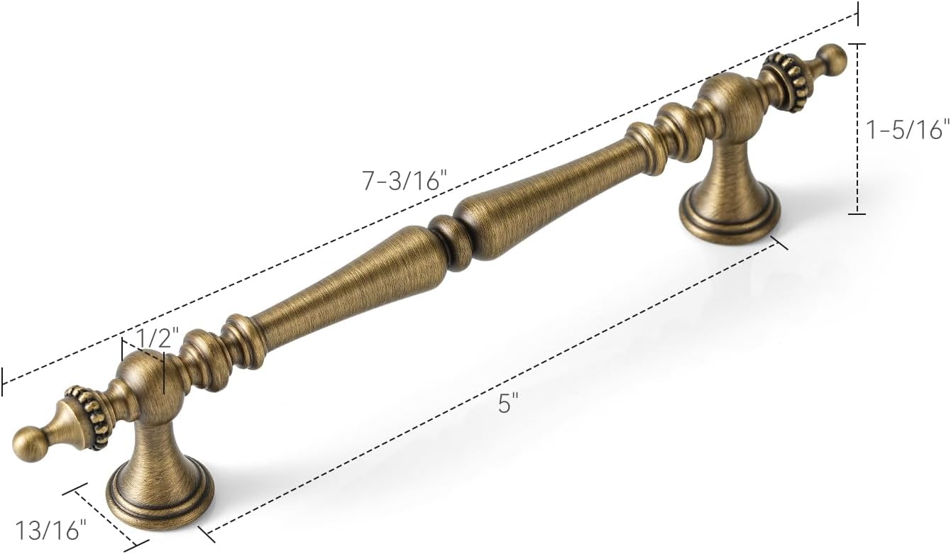 20 Pack | Cabinet Pulls | Solid Brass | 5 Inch Hole Center | Brushed Antique Brass | Vintage Cabinet Pulls for Furniture Kitchen & Bathroom Fixture