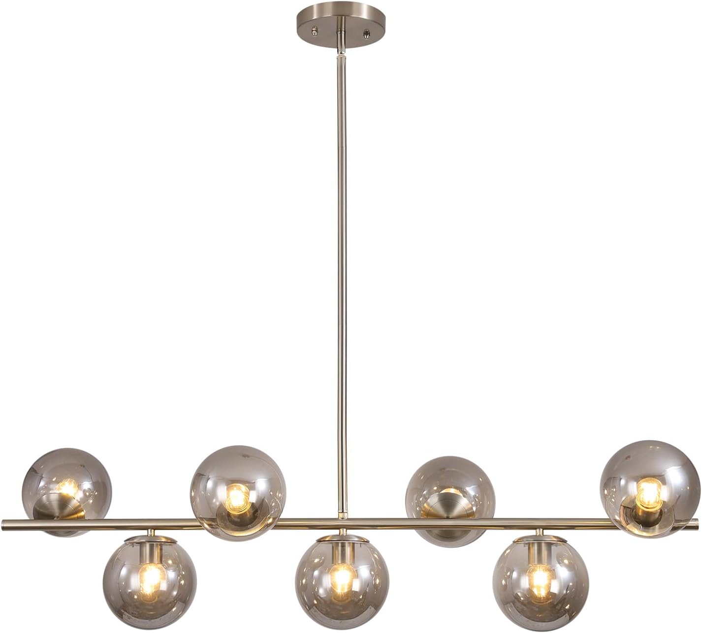 KCO Lighting MCM Brushed Nickel Linear Sputnik Chandeliers for Dining Room | 31.5' Rod for Sloped Ceiling, 7W 3000K E26 Bulb Included, Smoke Gray Glass Globe Pendant Light for Kitchen Island Living Room