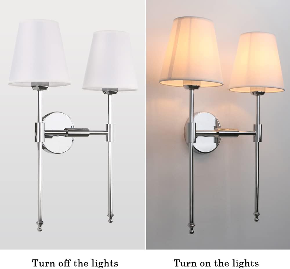 PERMO Classic Double Sconce Chrome 2 Lights Wall Sconce Rustic Wall Mount Lighting Fixture with Flared White Textile Lamp Shade