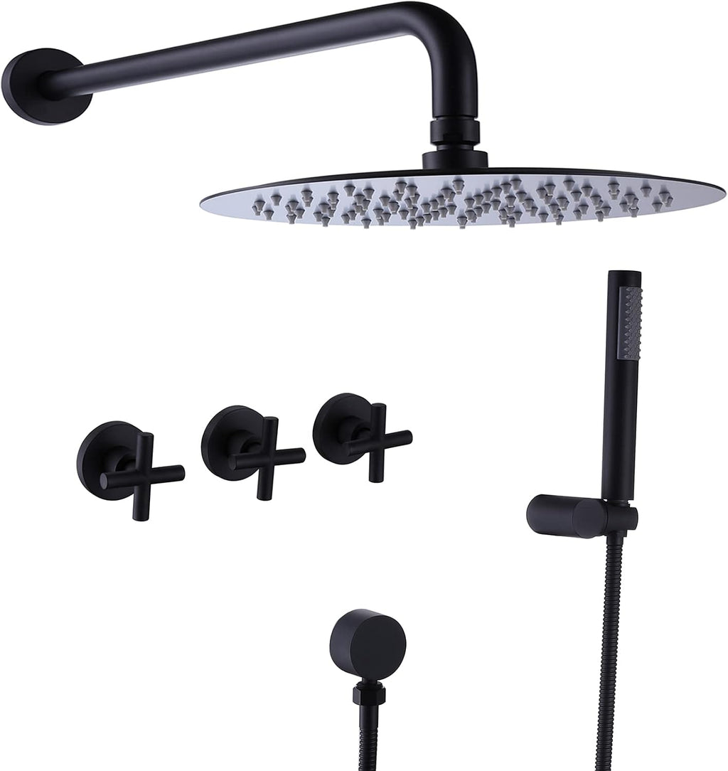 RBROHANT Black Shower Faucet Set Brass Shower System, 10 Inch High Pressure Round Rain Shower Head with Handheld Spray, Wall Mounted, Rough-in Valve Included, Matte Black, RCS81010MB