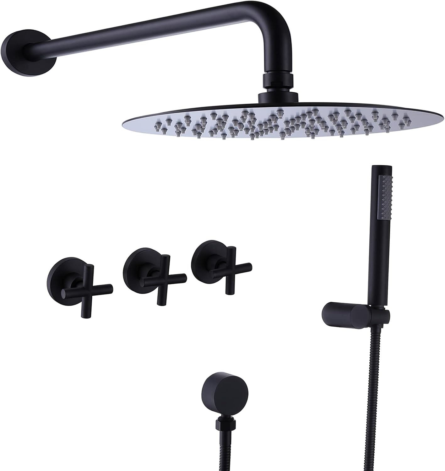 RBROHANT Black Shower Faucet Set Brass Shower System, 10 Inch High Pressure Round Rain Shower Head with Handheld Spray, Wall Mounted, Rough-in Valve Included, Matte Black, RCS81010MB