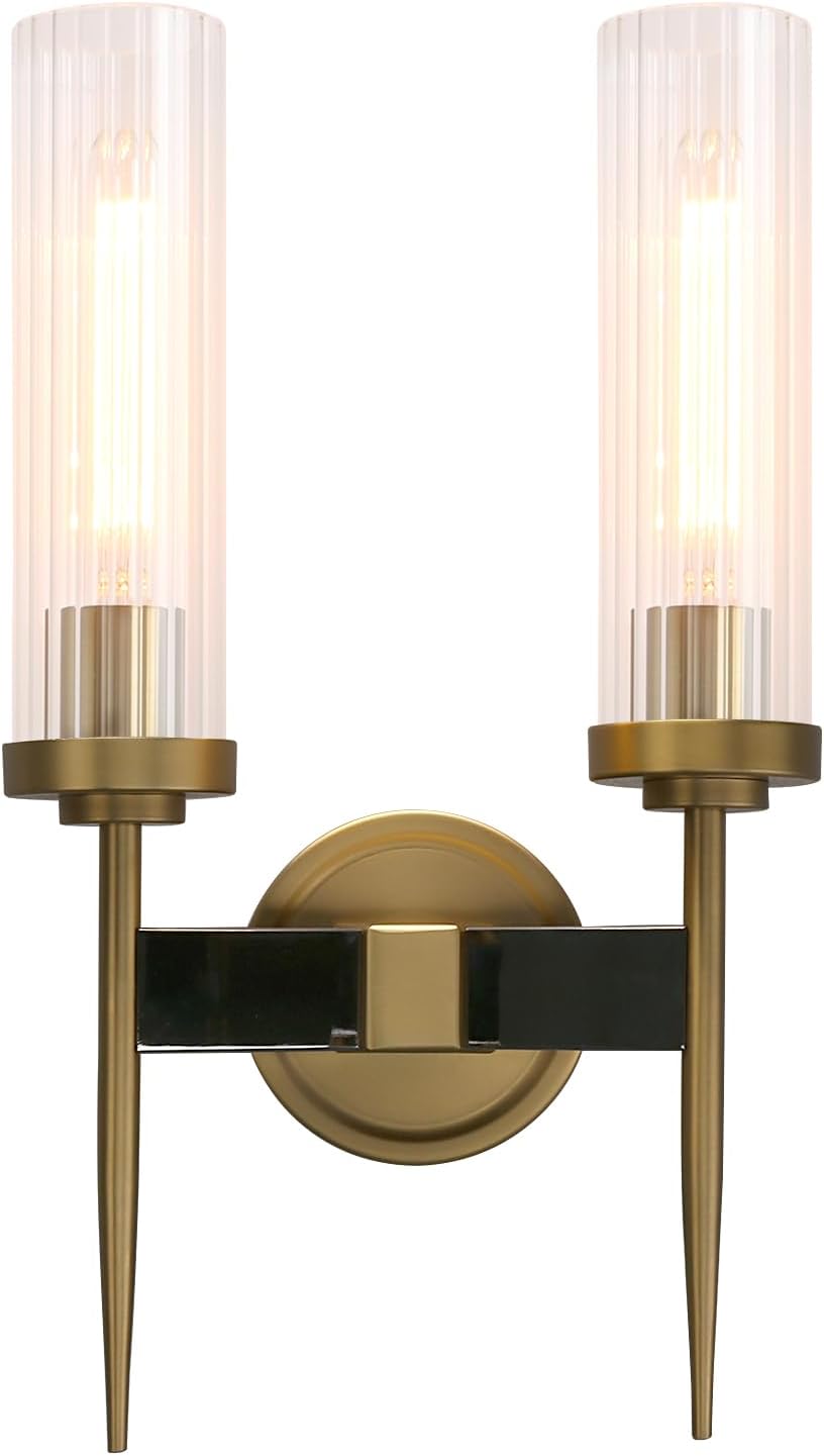 PERMO wall sconces 2 Lights Glod Wall Light Fixtures with 2.8' Cylindrical Clear Glass Shade Brass Double sconces for Living Room Bathroom Corridor Mirror Bedroom
