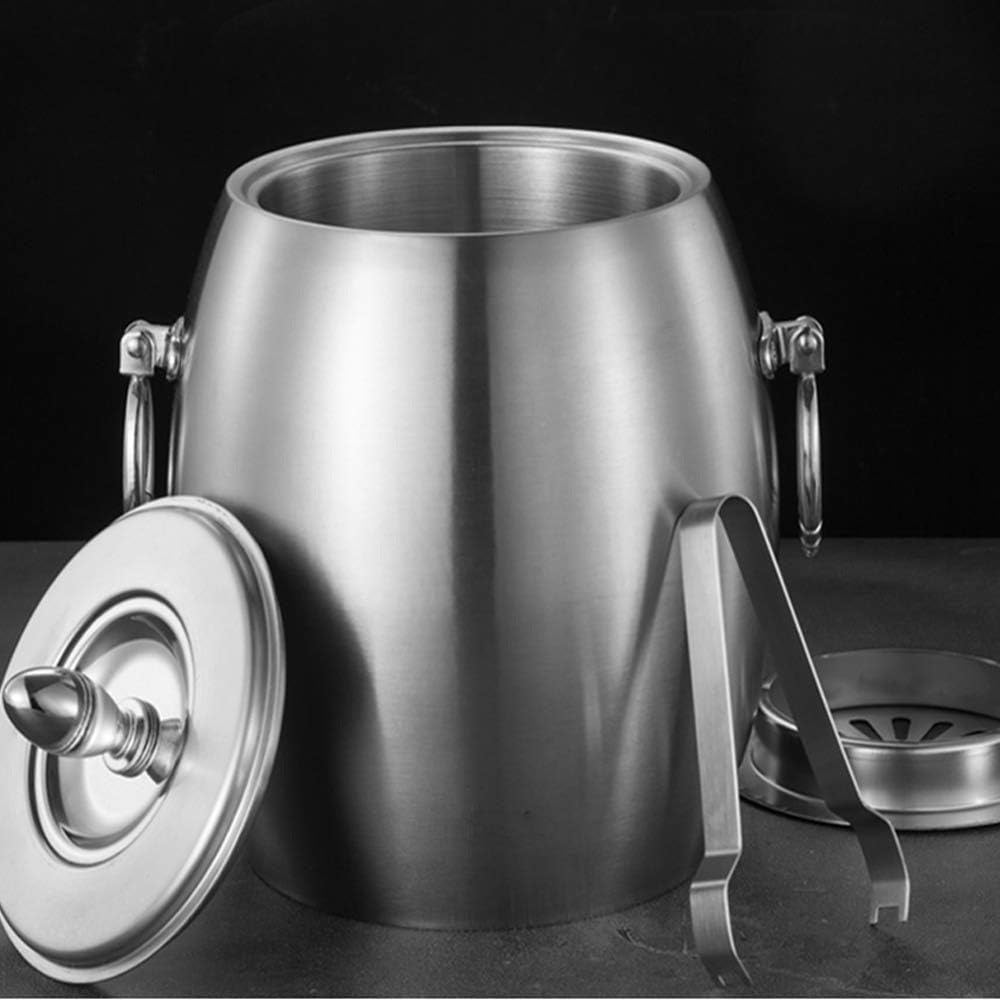 Ice Bucket Insulated Stainless Steel Double Wall Ice Bucket with Lid and with Clamp -2L