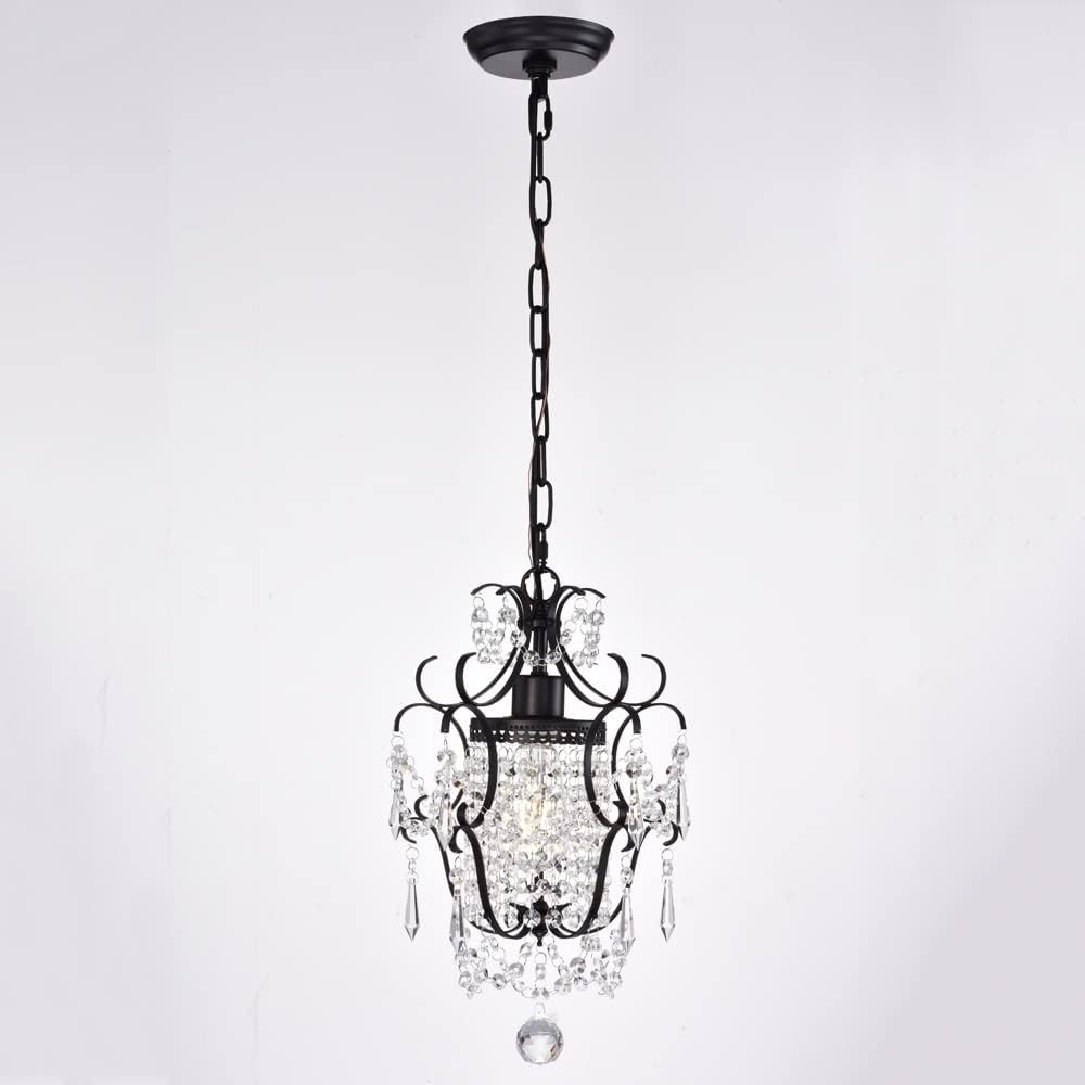 KISAD Rustic Vintage Crystal Chandelier Wrought Iron K9 Raindrop Pendant Light Adjustable Chain Ceiling Hanging Lighting Fixture for Entry Hallway Cloakroom Restaurant Bathroom Foyer (Color : Black)