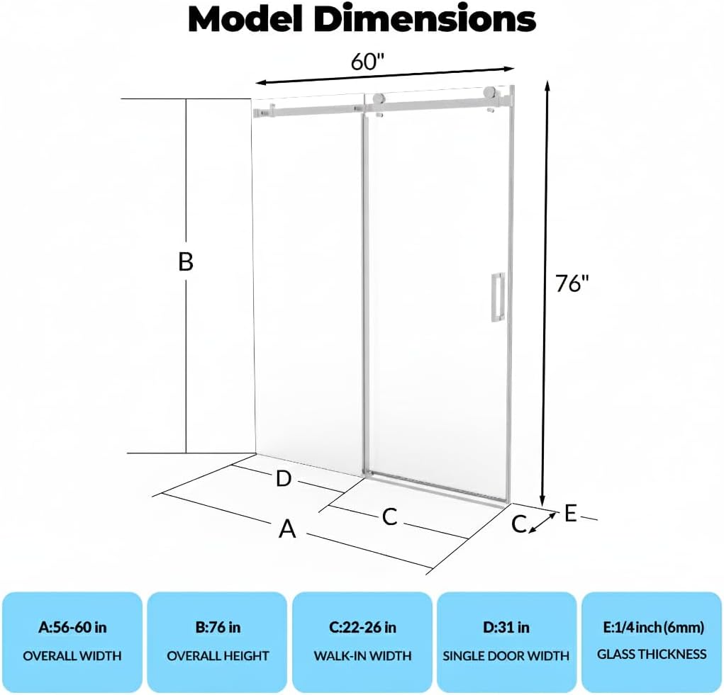 Glass Shower Door 56–60 Inch W x 76 Inch H, Frameless Sliding Shower Enclosure with Fixed Panel, 8mm Coated Tempered Safety Glass, Square Stainless Steel Rail, Brushed Sliver
