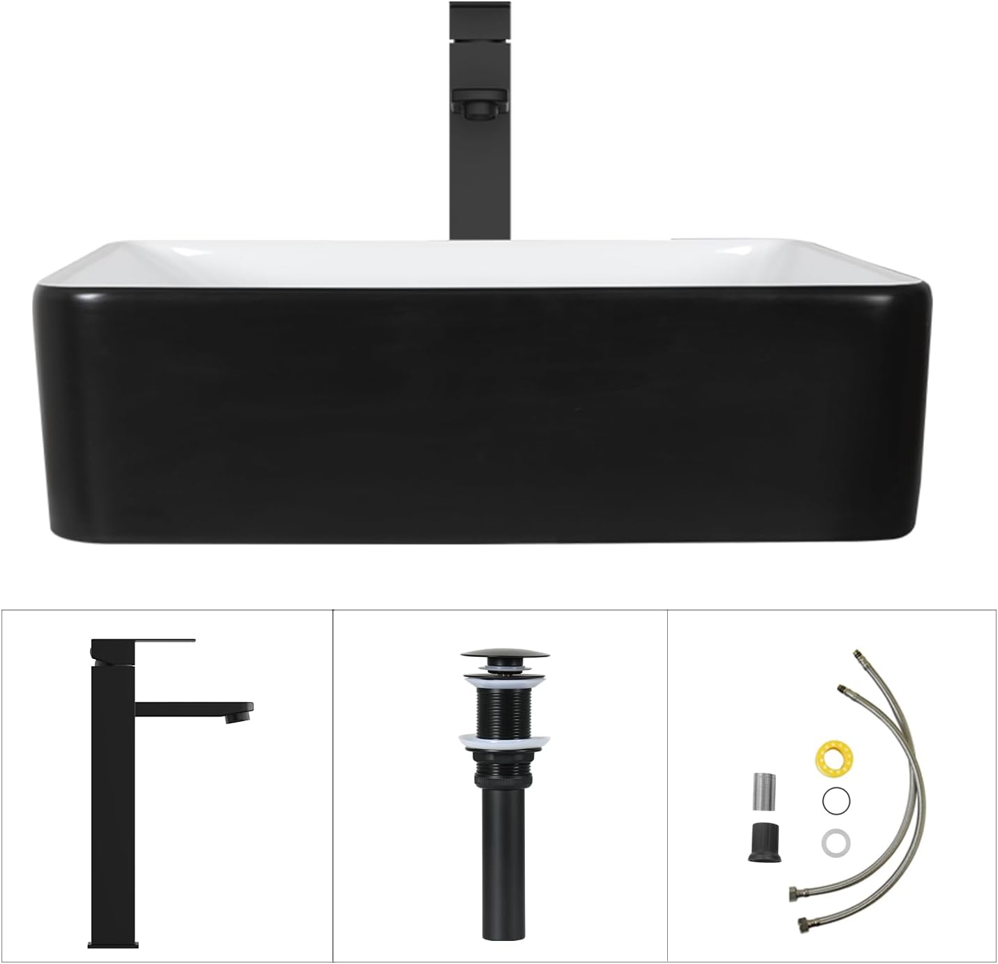 36 Inch Black Floating Bathroom Vanity with 2-Doors and 1-Drawer, Modern Wall Mounted Cabinet with Square Black and White Ceramic Vessel Sink