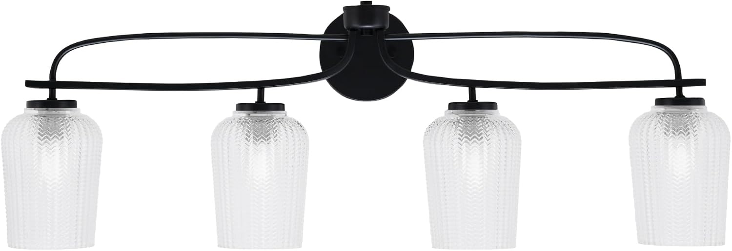 Toltec Lighting Cavella 4-Light Bath Bar – Modern Vanity Light Fixture for Bathroom – Dimmable and LED-Compatible Wall Light – Matte Black Finish, 5' Clear Textured Glass
