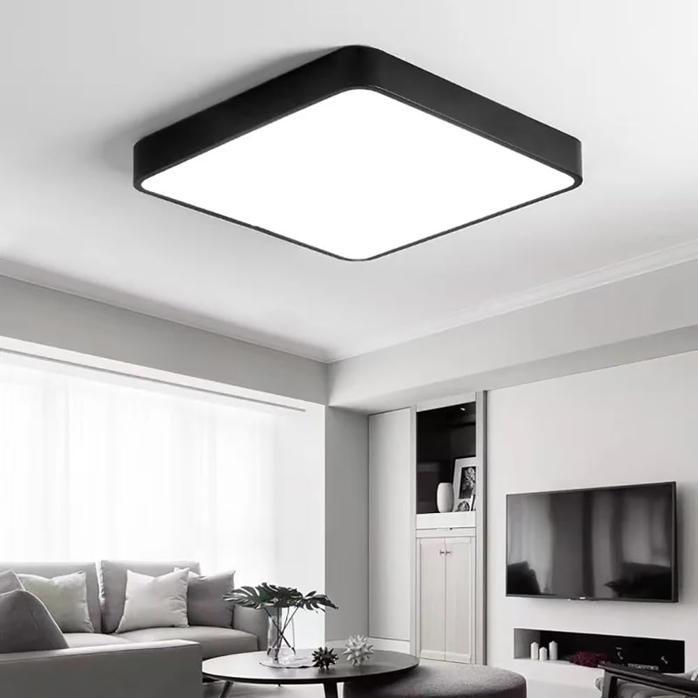 LED Ceiling Light Fixture,24 Inch Modern Square Recessed Ceiling Lights, Dimmable Light,64W Black Close to Ceiling Lighting Flush Mount Living Room Bedroom,3000K-6000K