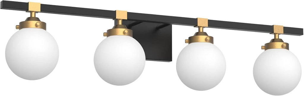 Tipace 4 Lights Mid Century Modern Bathroom Vanity Light Fixtures Over Mirror,Black/Golden Vanity Lights with Milk White Glass Globe for Bathroom(Exclude Bulb)