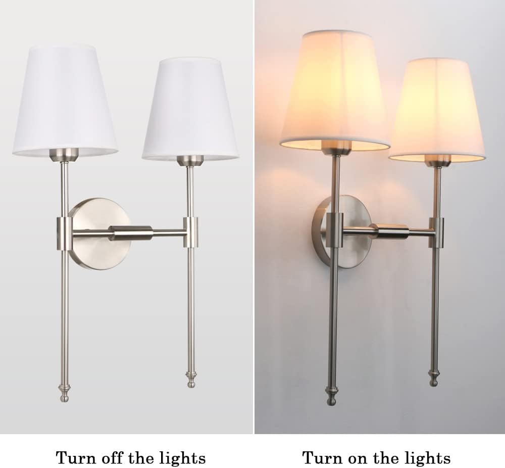 PERMO Industrial Double Sconce Large 2-Lights Wall Sconce with Flared White Textile Lampshade and Brushed Nickel Finished Long Arm for Bathroom Bedroom, Hardwired Wall Sconces