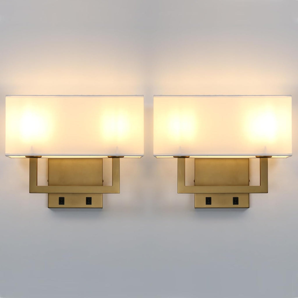 Yosoan Set of 2 Indoor Bedside Wall Sconce with On Off Switch, Modern Boho Interior Finish Brass 2-Light Vanity Vintage Industrial with Square White Fabric Shade for Reading Room Hallway(Antique)