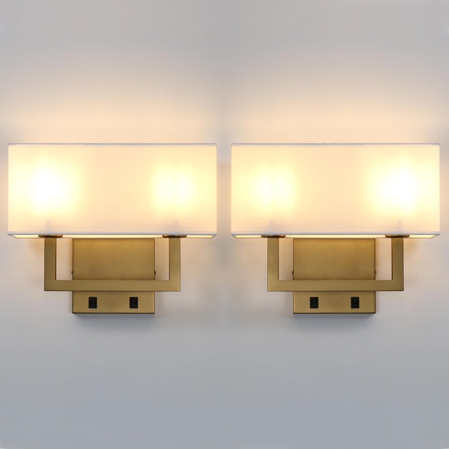 Yosoan Set of 2 Indoor Bedside Wall Sconce with On Off Switch, Modern Boho Interior Finish Brass 2-Light Vanity Vintage Industrial with Square White Fabric Shade for Reading Room Hallway(Antique)