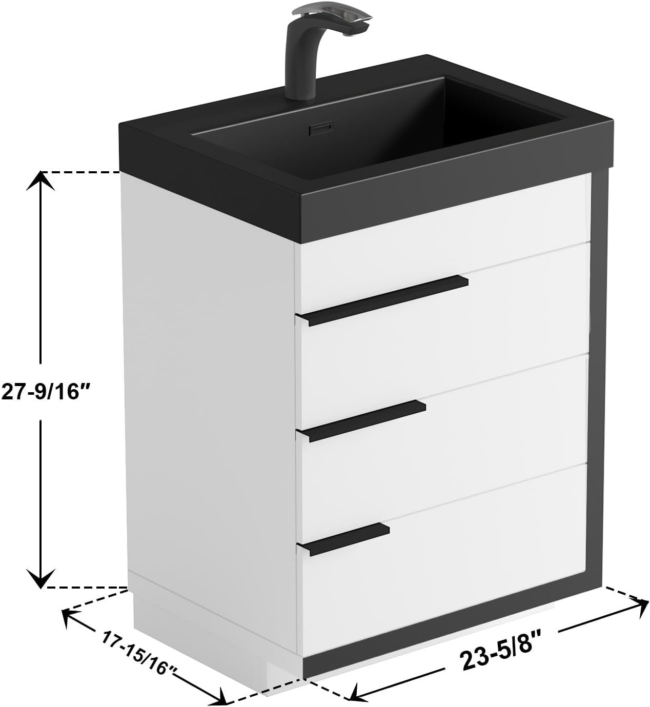Dowell 24'Single Bathroom Vanity Set- Freestanding Glossy White Vanity with Black Accents,Matte Black Resin Basin,Three Soft-Close Drawers-024 24 21V/2418BPBL