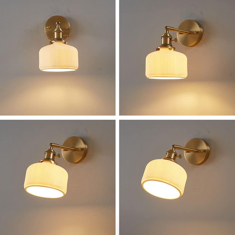 Adjustable Wall Mount Light White Ceramic Shade Brass Wall Sconce, Copper Wall Lighting Fixture Set of 2, Modern Wall Lamps Indoor Wall Wash Lights for Bedroom Bedside