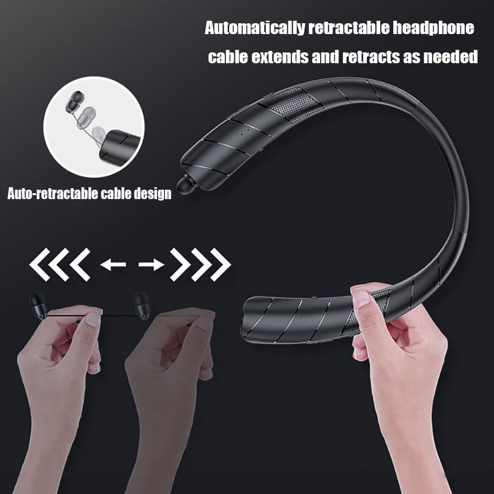 Retractable Neckband Bluetooth Headphones Neckband Earphone Wireless Earbuds 48H Playtime Built-in Speaker & IPX5 Waterproof, Auto-Coil Cord, Bilateral Stereo, Ultra-Light Comfortable Fit