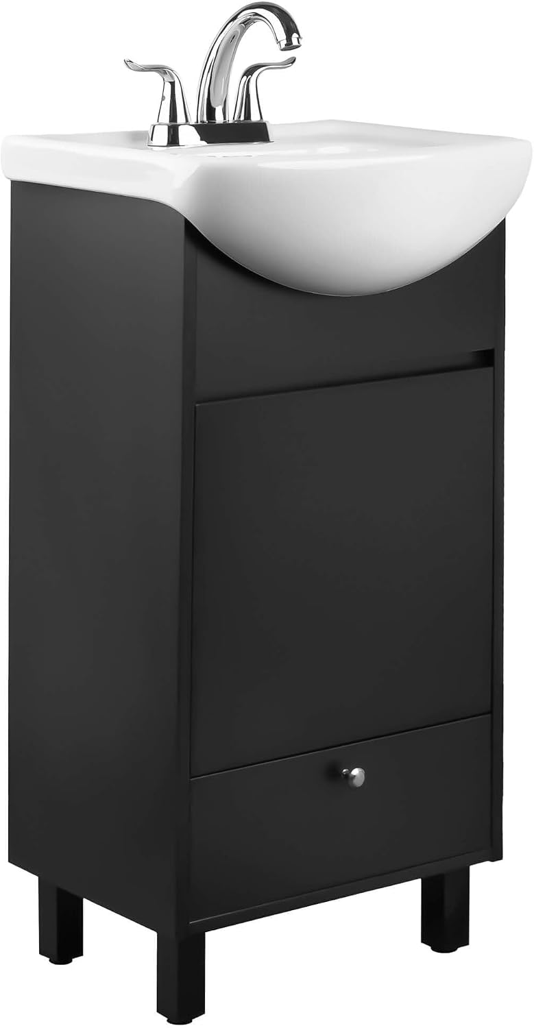 Fine Fixtures Petite 18 Inch Bathroom Vanity with Sink, Small Freestanding Bathroom Cabinet, Space-Saving Vanity Sink Combo Design, Dual Storage, Satin Black
