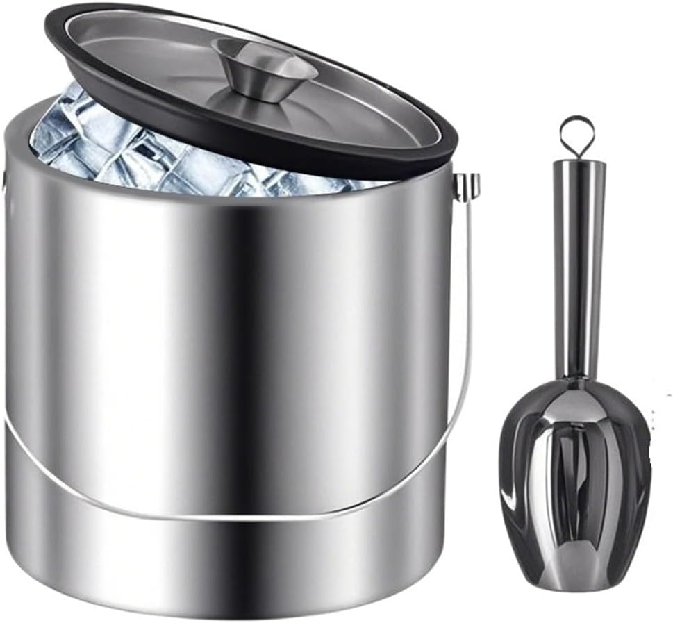 Double-Wall Insulated Stainless Steel Ice Bucket With Lid And Scoop Container For Champagne Bar Accessories(3L silver)