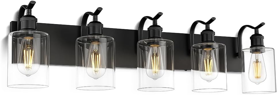 5 Light Bathroom Vanity Light, Black Light Fixture Morden Bathroom Lighting Fixtures Over Mirror Black Wall Sconces with Clear Glass Shade ZCVL01BK-5